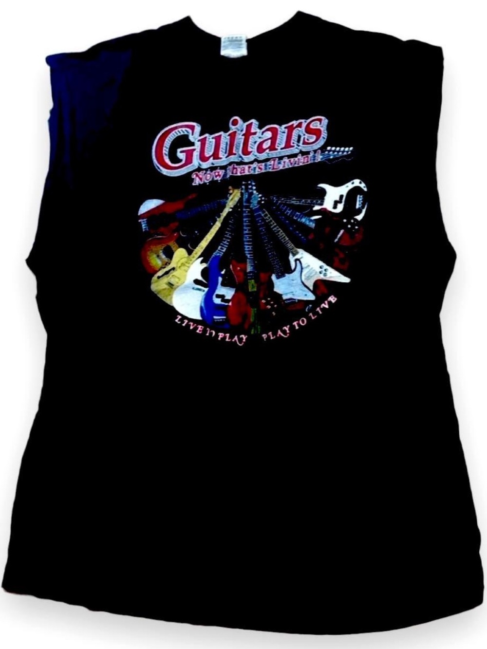 Y2K Black Sleeveless Tank with Multicolor Guitars Live To Play Graphic T-Shirt